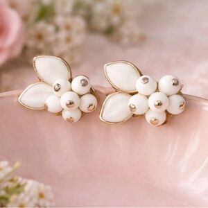 Vintage MCM Mid Century Modern Coro Clip On Earrings Milk Glass Floral